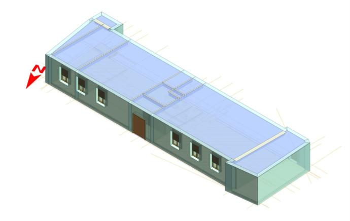 Modelo 3D del edificio escolar en Horcajo de los Montes, Ciudad Real, utilizado para el diseño de las instalaciones de climatización y energía fotovoltaica.